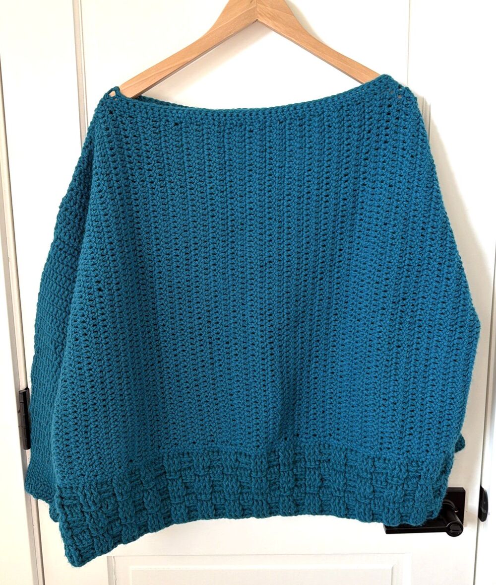 Hand Made Teal Blue Women Sweater L Chunky Mixed Knit Over Sized Boxy Boat Neck